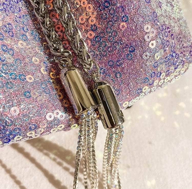 Elegant Crystal Embellished Sequin Bucket Bag