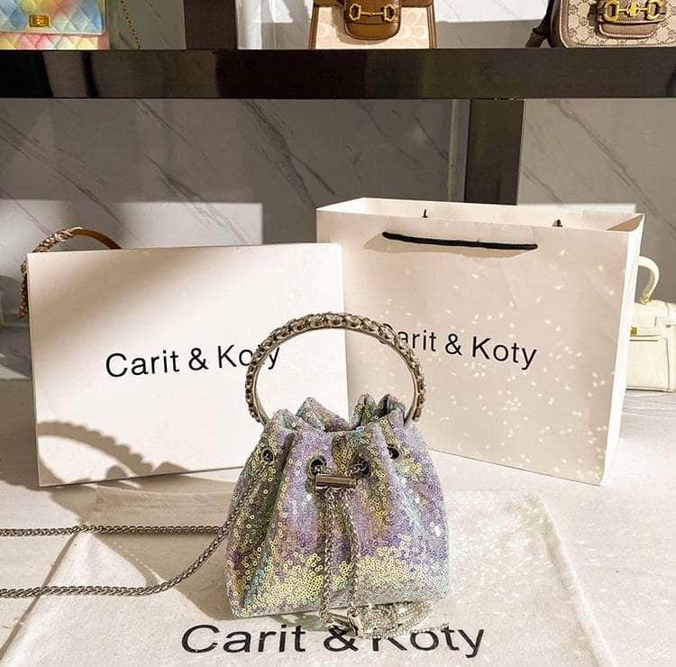 Elegant Crystal Embellished Sequin Bucket Bag Purple