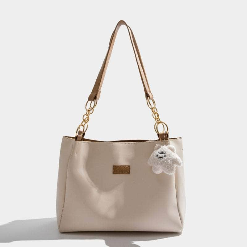 Elegant Faux Leather Shoulder Tote Handbag Ivory