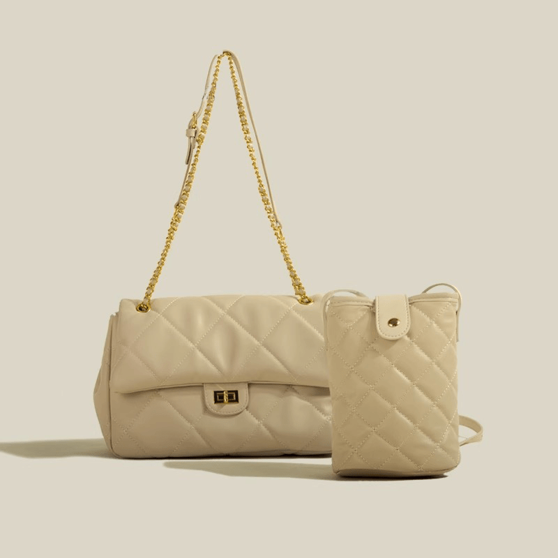 Elegant Flap Quilted Chain Shoulder Bag Beige