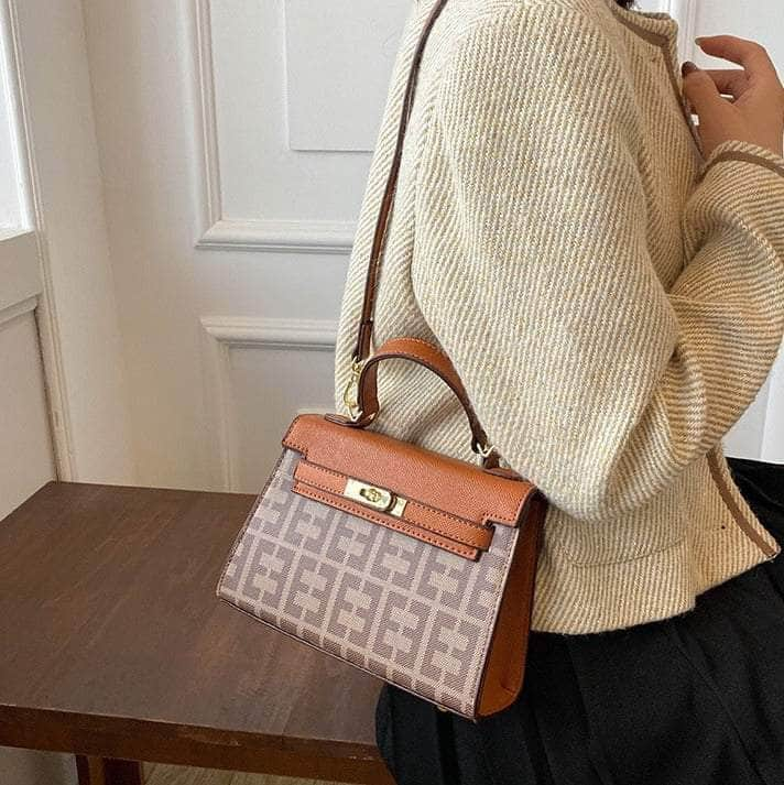 Elegant Houndstooth Shoulder Handbag Brown / Circle