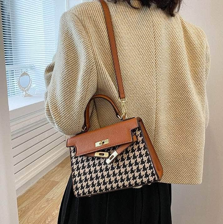 Elegant Houndstooth Shoulder Handbag Brown / Houndstooth