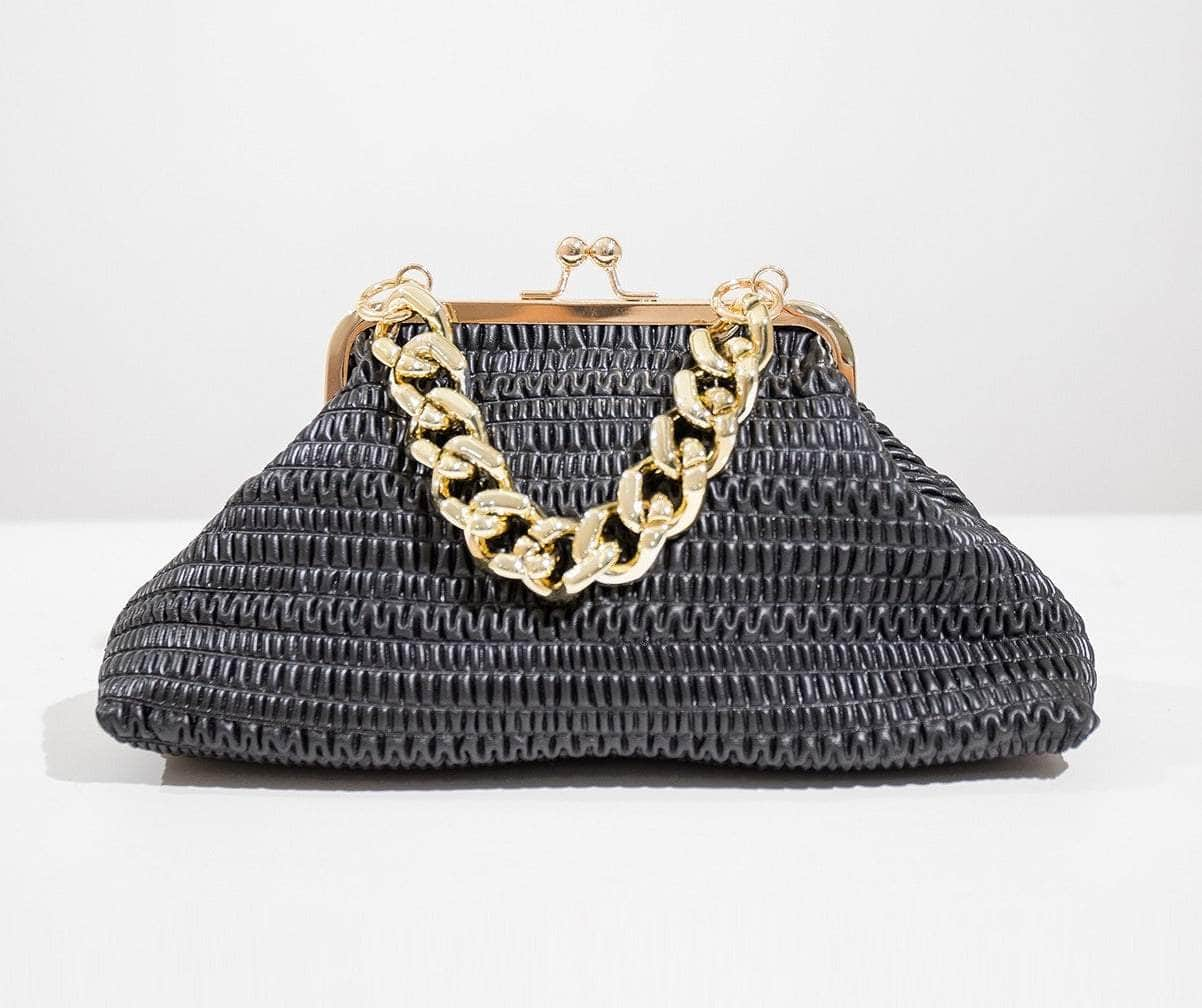 Elegant Straw Hat Bag with Gold Chain Accent Black