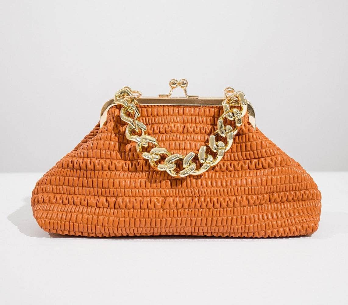 Elegant Straw Hat Bag with Gold Chain Accent Caramel