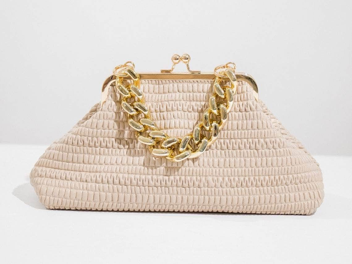 Elegant Straw Hat Bag with Gold Chain Accent Nude