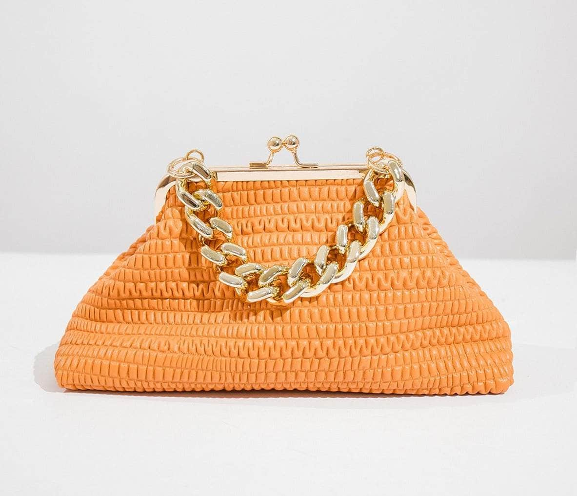 Elegant Straw Hat Bag with Gold Chain Accent Orange