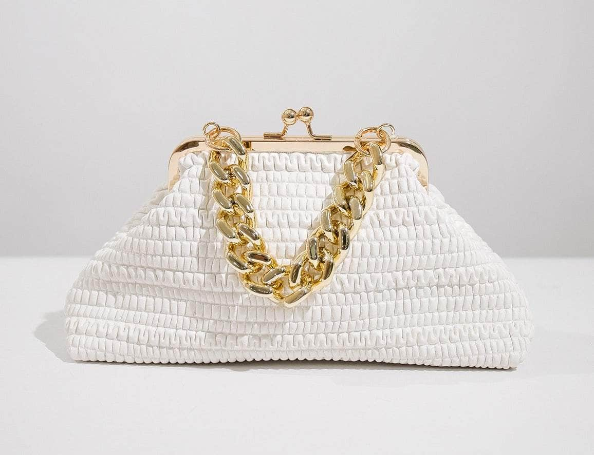 Elegant Straw Hat Bag with Gold Chain Accent White