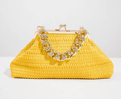 Elegant Straw Hat Bag with Gold Chain Accent Yellow