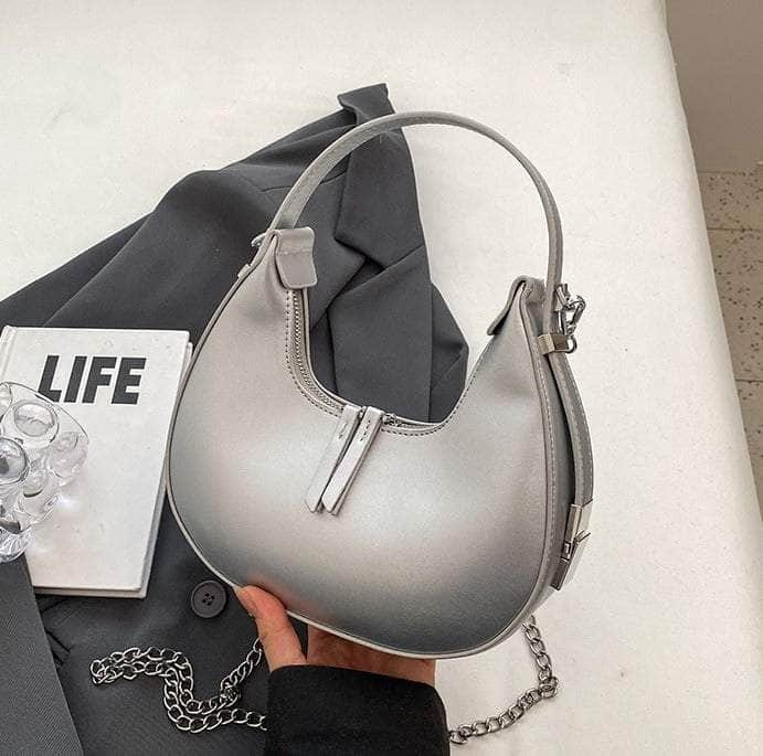 Elegant Underarm Crossbody Crescent Handbag Silver