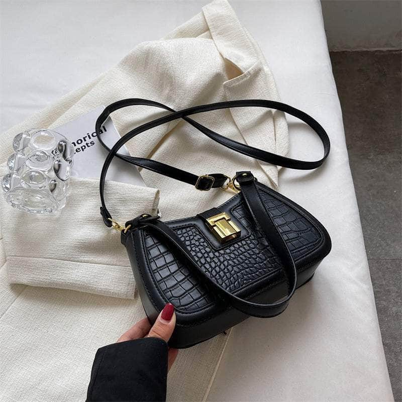 Embossed Crocodile Leather Crossbody Bag Black