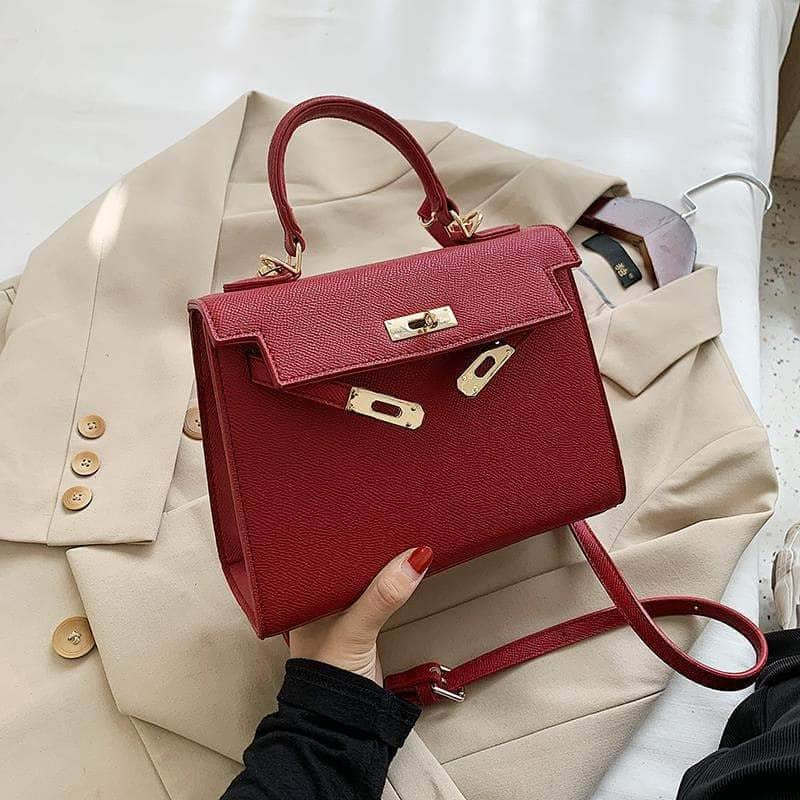 Embossed Vegan Leather Tote Bag with Metallic Lock Red