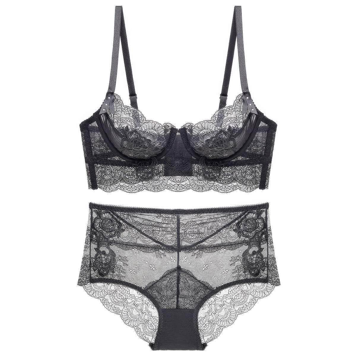 Embroidered Lace Bra Panty Set 70A / Black