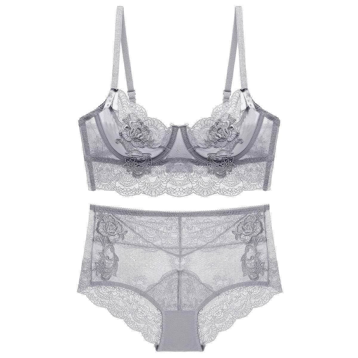 Embroidered Lace Bra Panty Set 70A / Gray