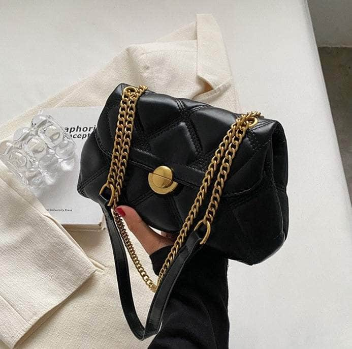 Embroidered Shoulder Bag with Chain Strap and Metal Accent Black