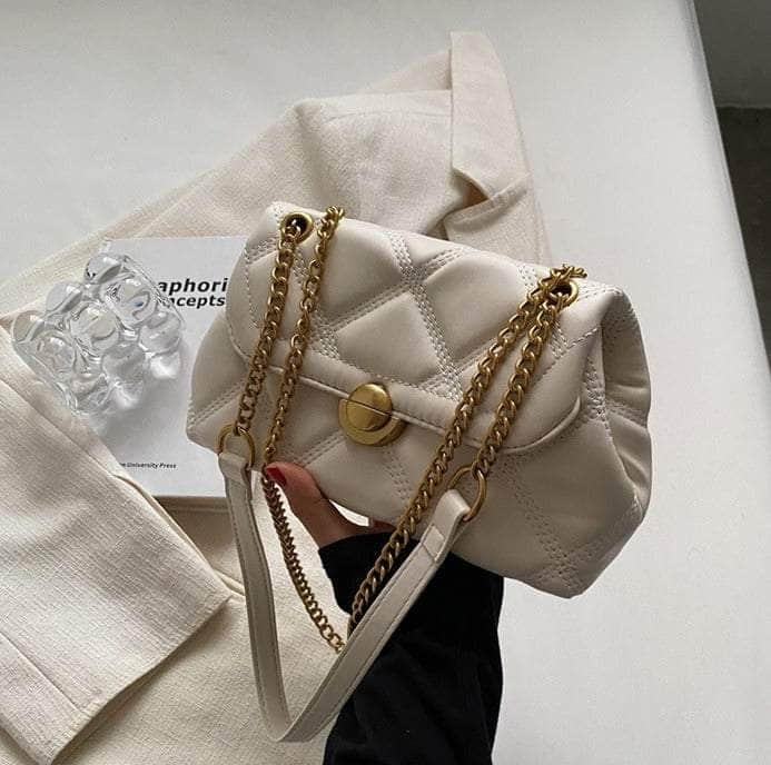 Embroidered Shoulder Bag with Chain Strap and Metal Accent Ivory