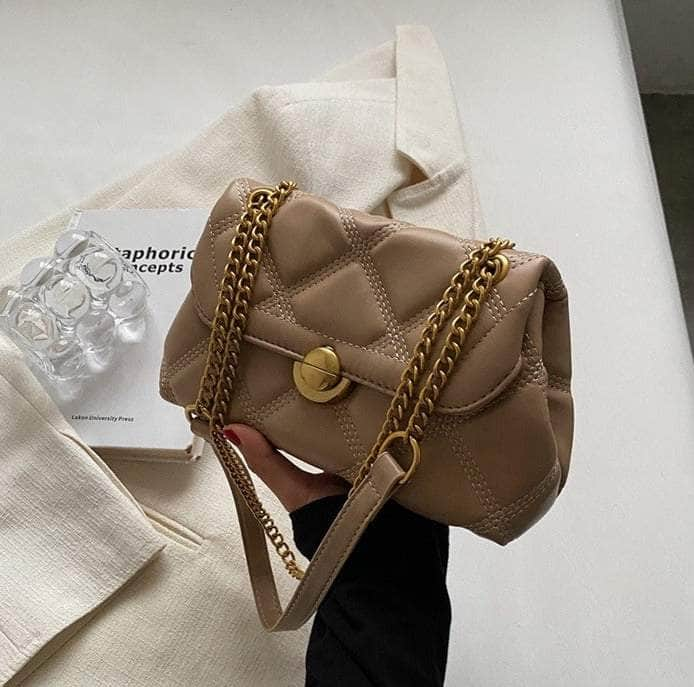 Embroidered Shoulder Bag with Chain Strap and Metal Accent Tan