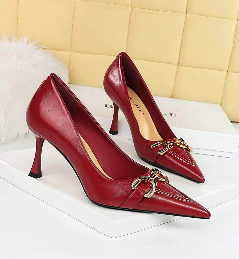 Embroidery Detailed Metallic Chain Pointed Toe Court Heels