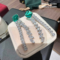 Emerald Crystal Rhinestone Tassel Statement Earrings