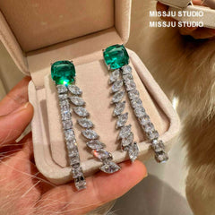 Emerald Crystal Rhinestone Tassel Statement Earrings