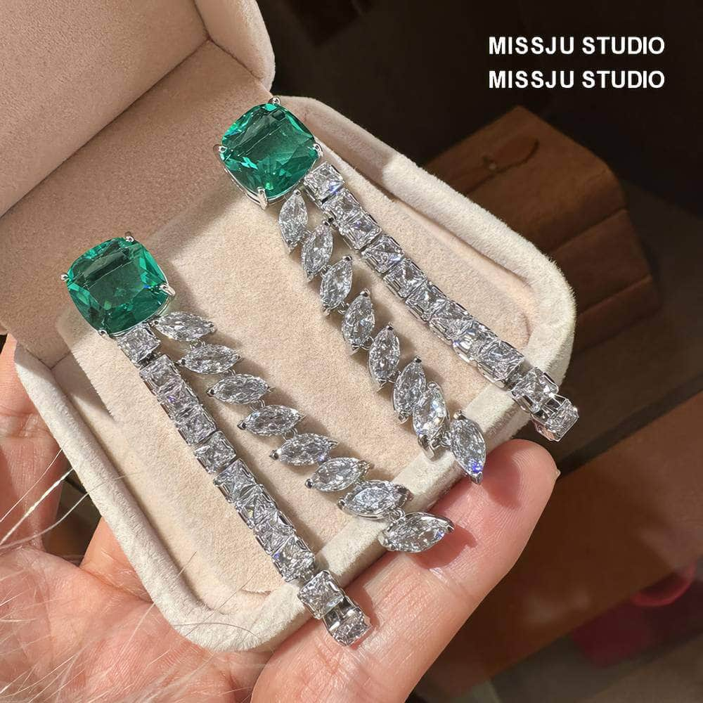 Emerald Crystal Rhinestone Tassel Statement Earrings