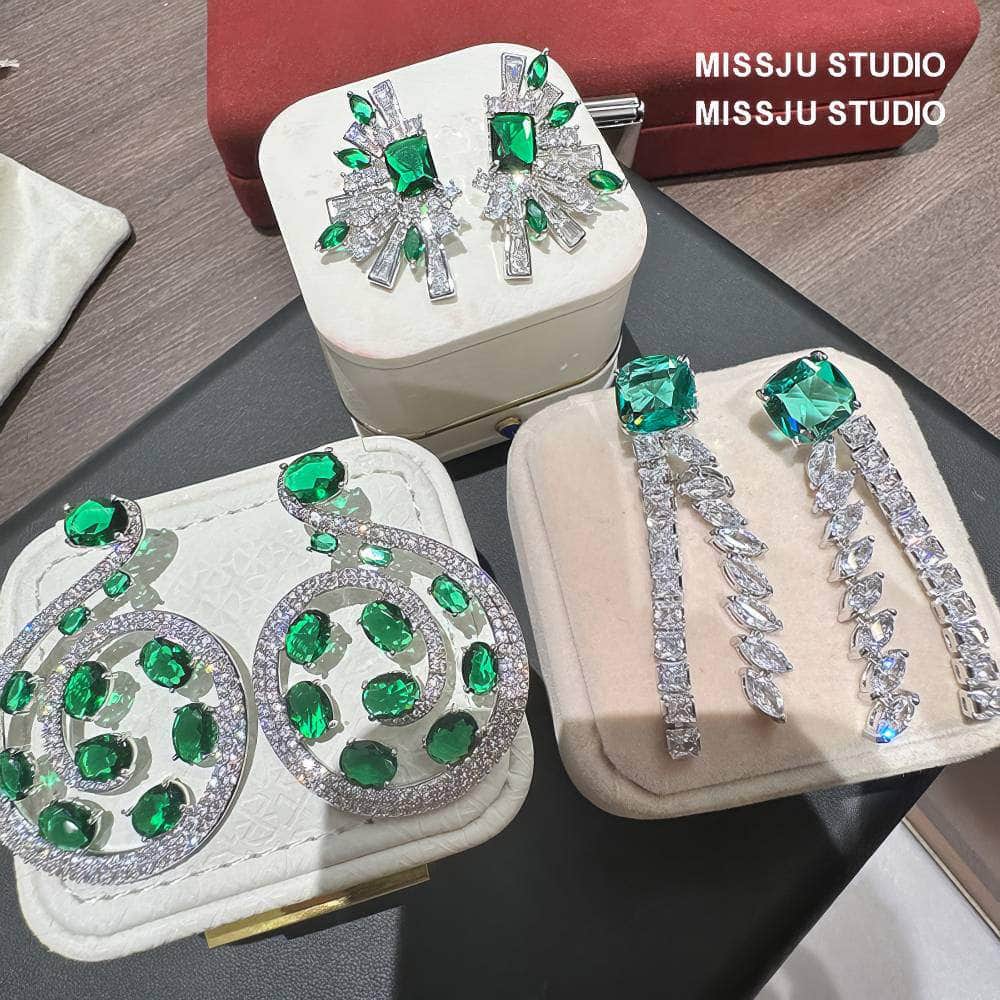 Emerald Crystal Rhinestone Tassel Statement Earrings
