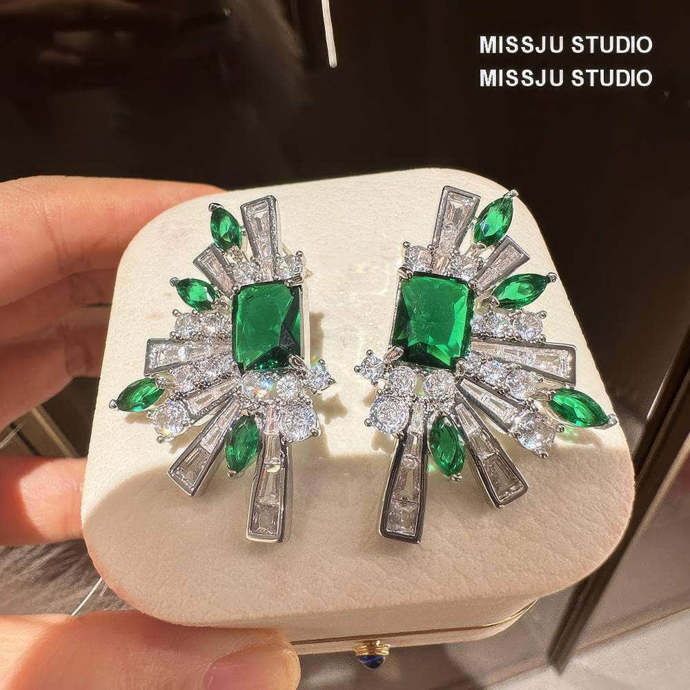Emerald Crystal Rhinestone Tassel Statement Earrings Green / Geometry
