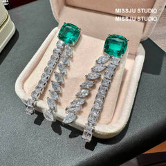 Emerald Crystal Rhinestone Tassel Statement Earrings Green / Tassel