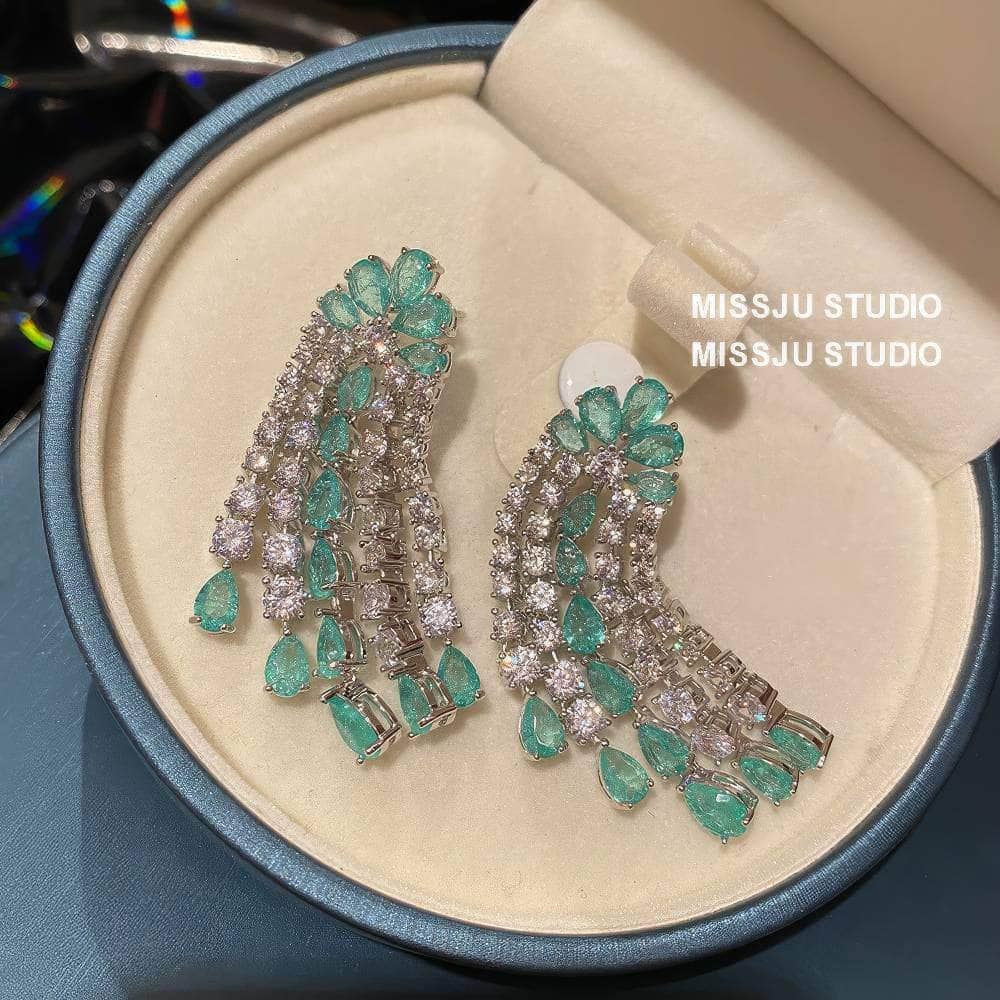 Emerald Crystals Tassel Drop Rhinestone Earrings Green