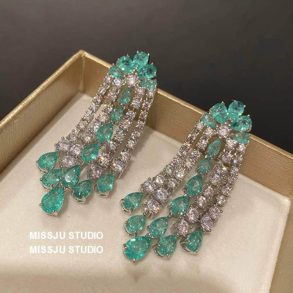 Emerald Crystals Tassel Drop Rhinestone Earrings Green