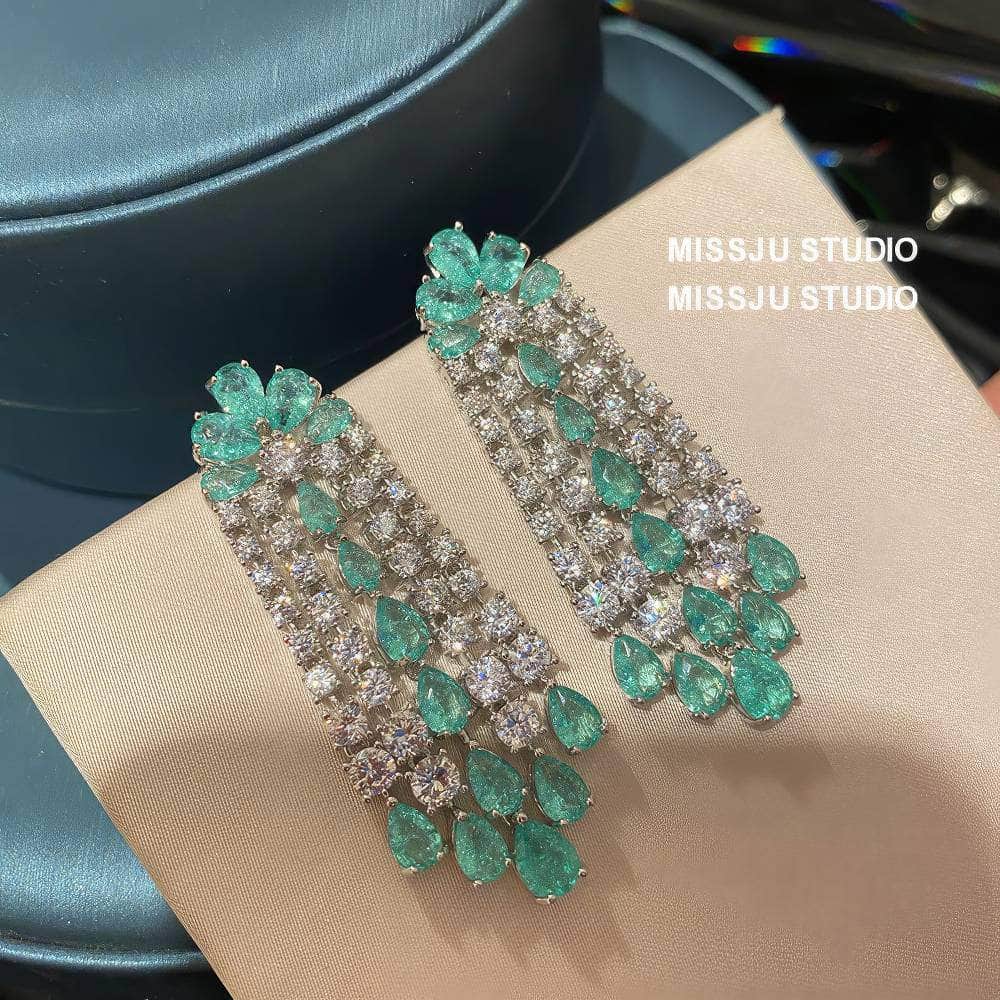 Emerald Crystals Tassel Drop Rhinestone Earrings Green