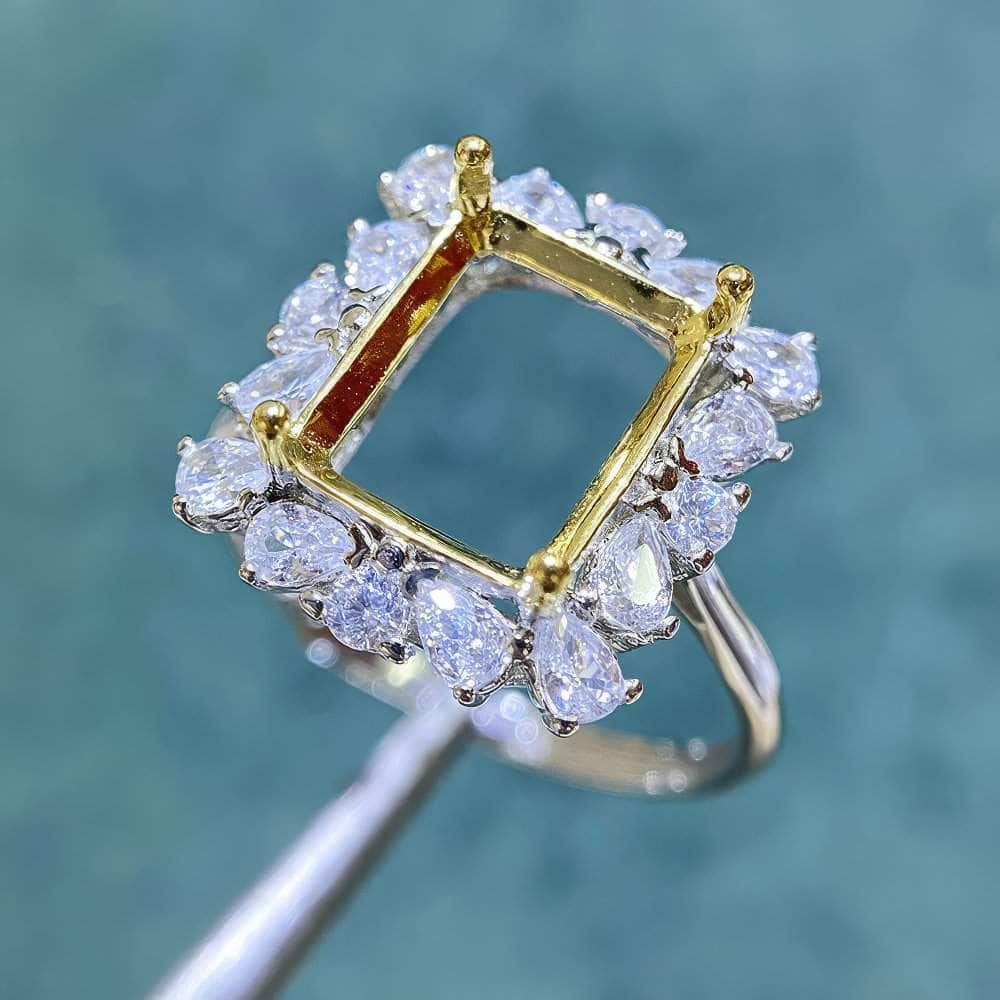 Emerald-Cut Semi-Mount Inlaid Ring Settings Lab Diamond 18k Gold Gemstone Ring: 6*8MM, 7*9MM, 8*10MM