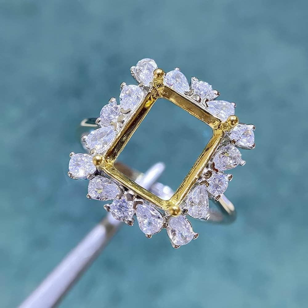 Emerald-Cut Semi-Mount Inlaid Ring Settings Lab Diamond 18k Gold Gemstone Ring: 6*8MM, 7*9MM, 8*10MM