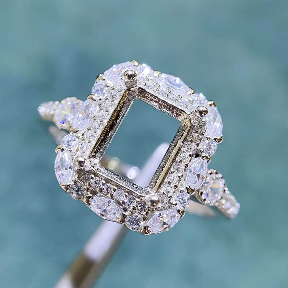 Emerald-Cut Semi-Mount Inlaid Ring Settings Lab Diamond 18k Gold Gemstone Ring: 6*8MM, 7*9MM, 8*10MM