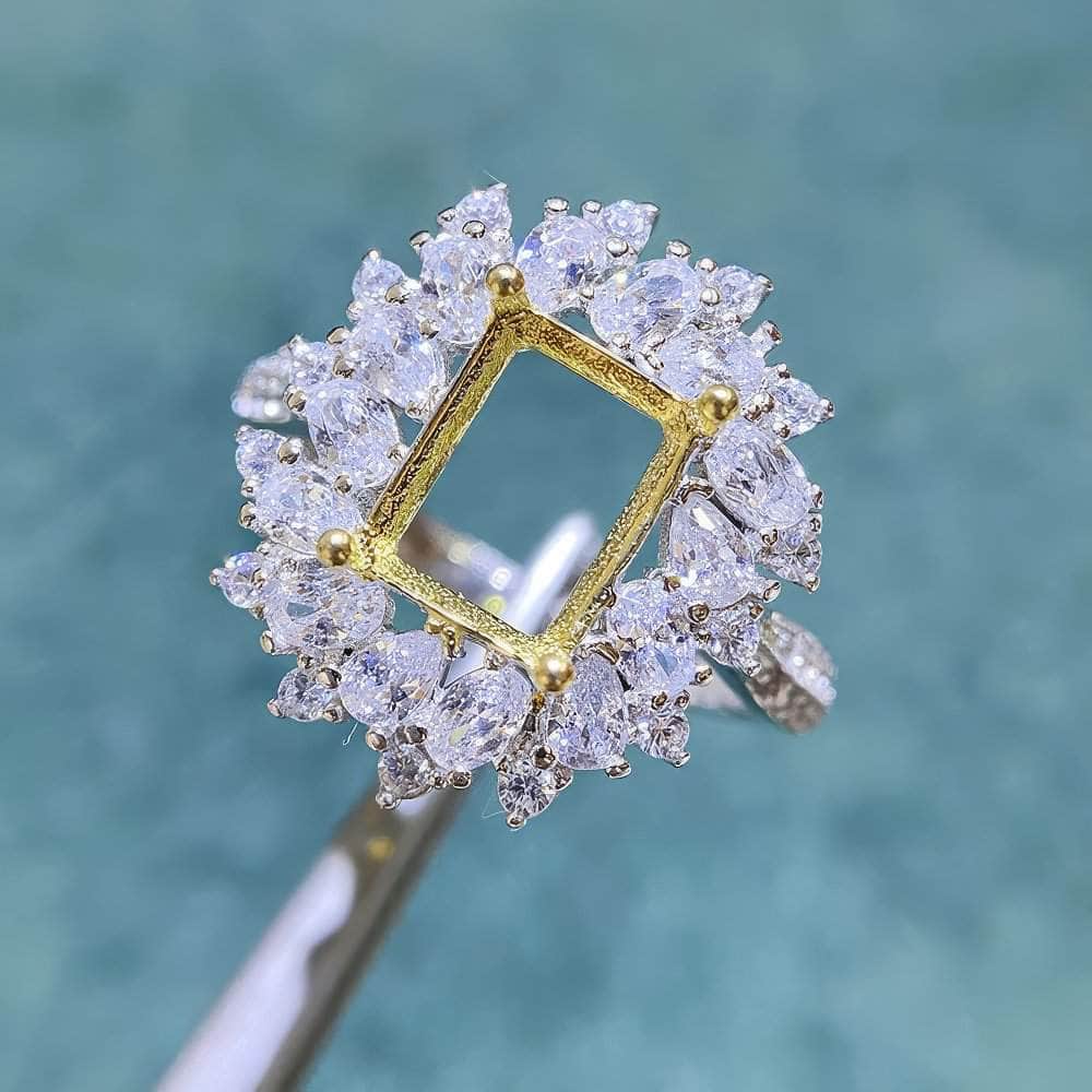 Emerald-Cut Semi-Mount Inlaid Ring Settings Lab Diamond 18k Gold Gemstone Ring: 6*8MM, 7*9MM, 8*10MM 6*8mm / Gold / Leaf Motif