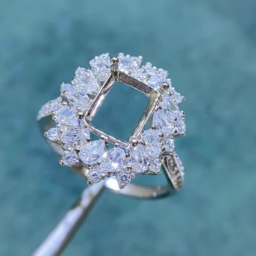 Emerald-Cut Semi-Mount Inlaid Ring Settings Lab Diamond 18k Gold Gemstone Ring: 6*8MM, 7*9MM, 8*10MM 6*8mm / Silver / Leaf Motif