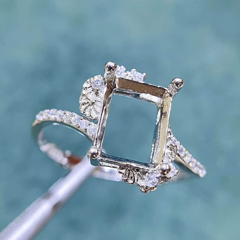 Emerald-Cut Semi-Mount Inlaid Ring Settings Lab Diamond 18k Gold Gemstone Ring: 6*8MM, 7*9MM, 8*10MM 7*9mm / Silver / Art Deco