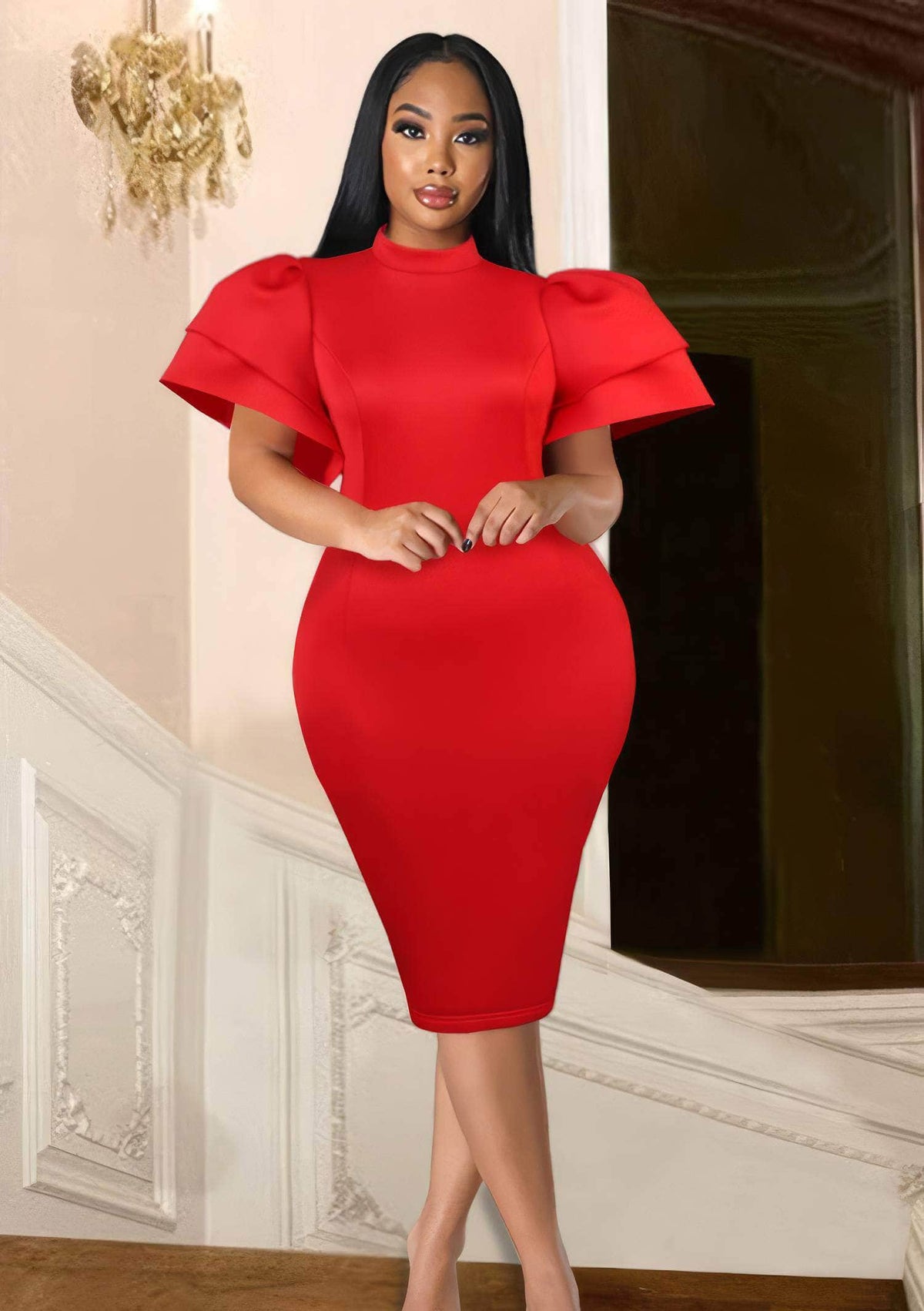 Exaggerated Bell Sleeves Collared Neck Midi Dress US 4-6 / Red