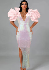 Exaggerated Bow Sleeves Sequin Side Slit Dress US 4-6 / Pink