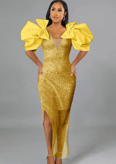 Exaggerated Bow Sleeves Sequin Side Slit Dress US 4-6 / Yellow