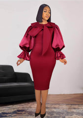 Exaggerated Lantern Sleeves Bow Collared Dress US 4-6 / DarkRed