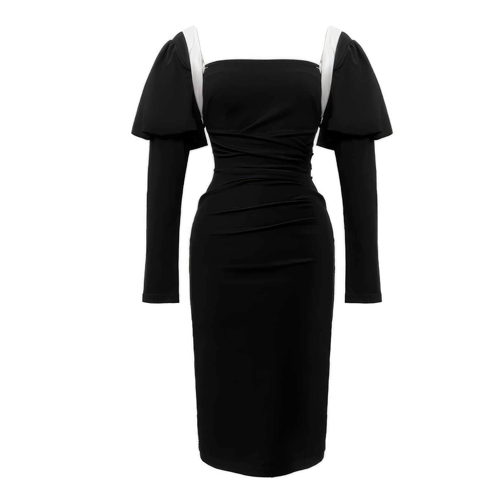 Exaggerated Long Sleeve Square Neck Ruched Dress