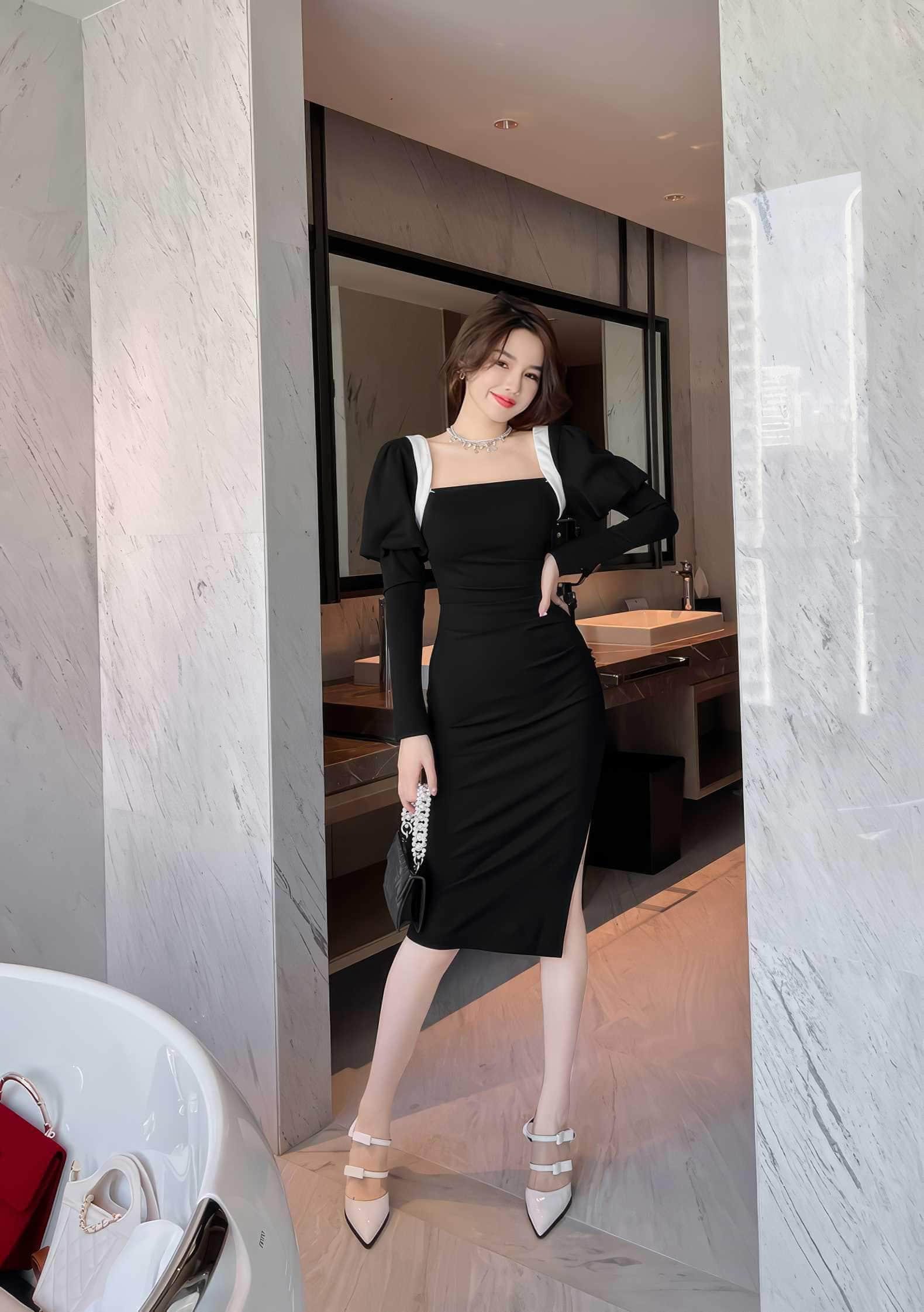 Exaggerated Long Sleeve Square Neck Ruched Dress