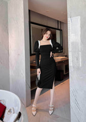 Exaggerated Long Sleeve Square Neck Ruched Dress