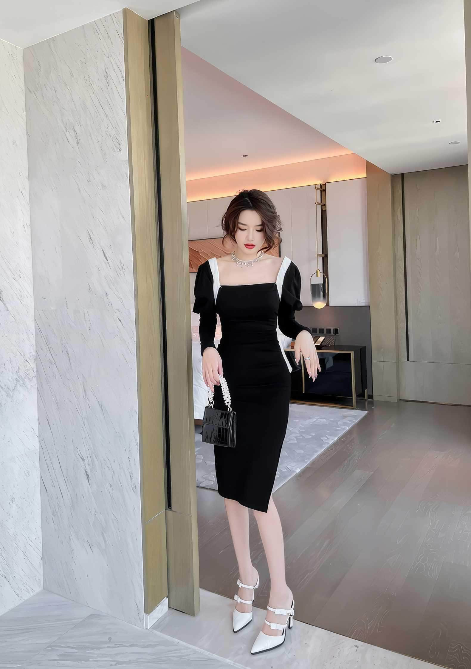 Exaggerated Long Sleeve Square Neck Ruched Dress