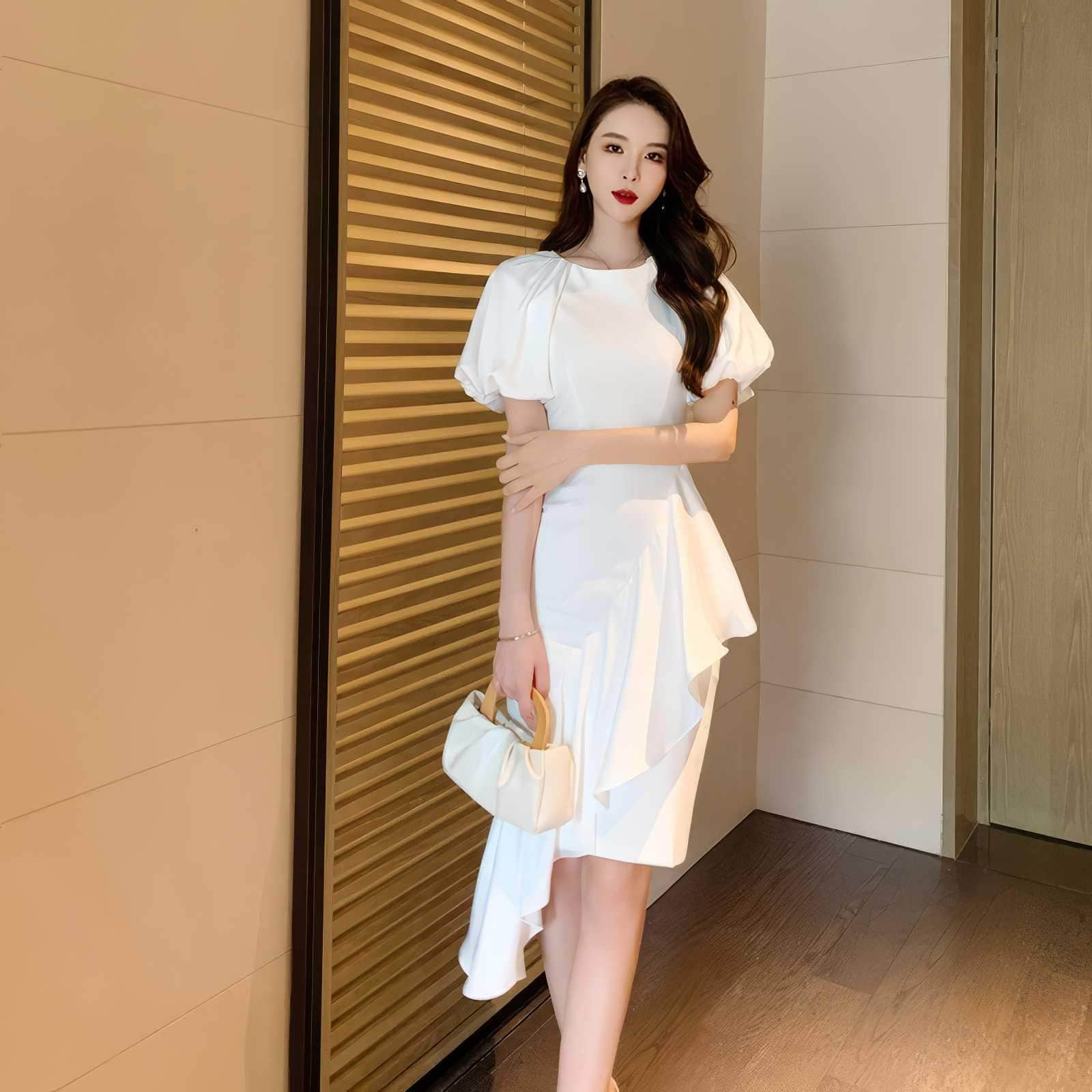 Exaggerated Puff Sleeves Asymmetrical Ruffle Dress