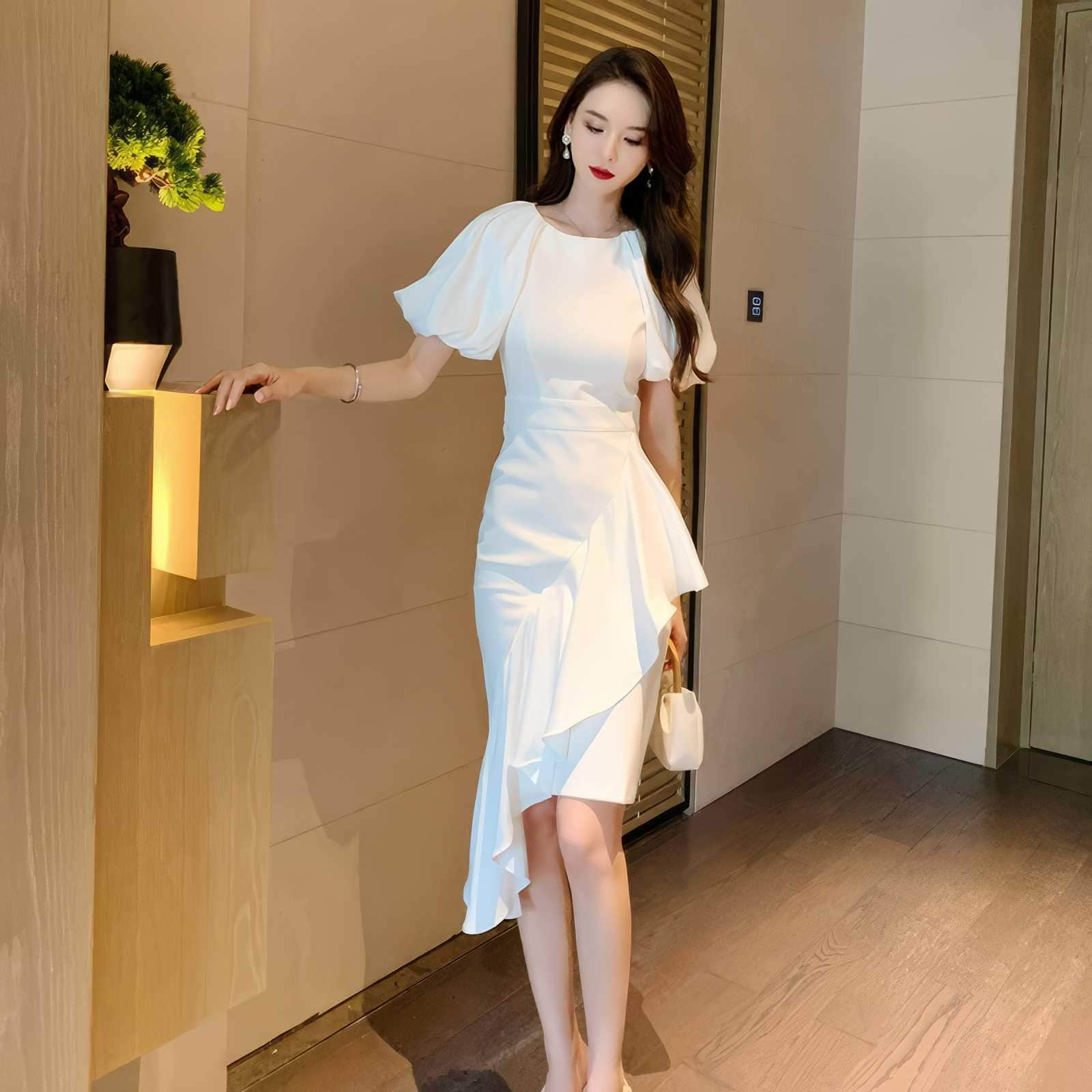 Exaggerated Puff Sleeves Asymmetrical Ruffle Dress