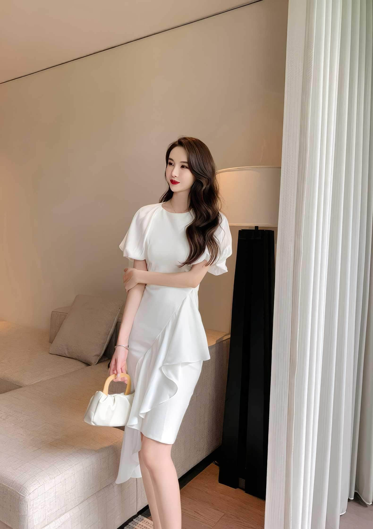 Exaggerated Puff Sleeves Asymmetrical Ruffle Dress