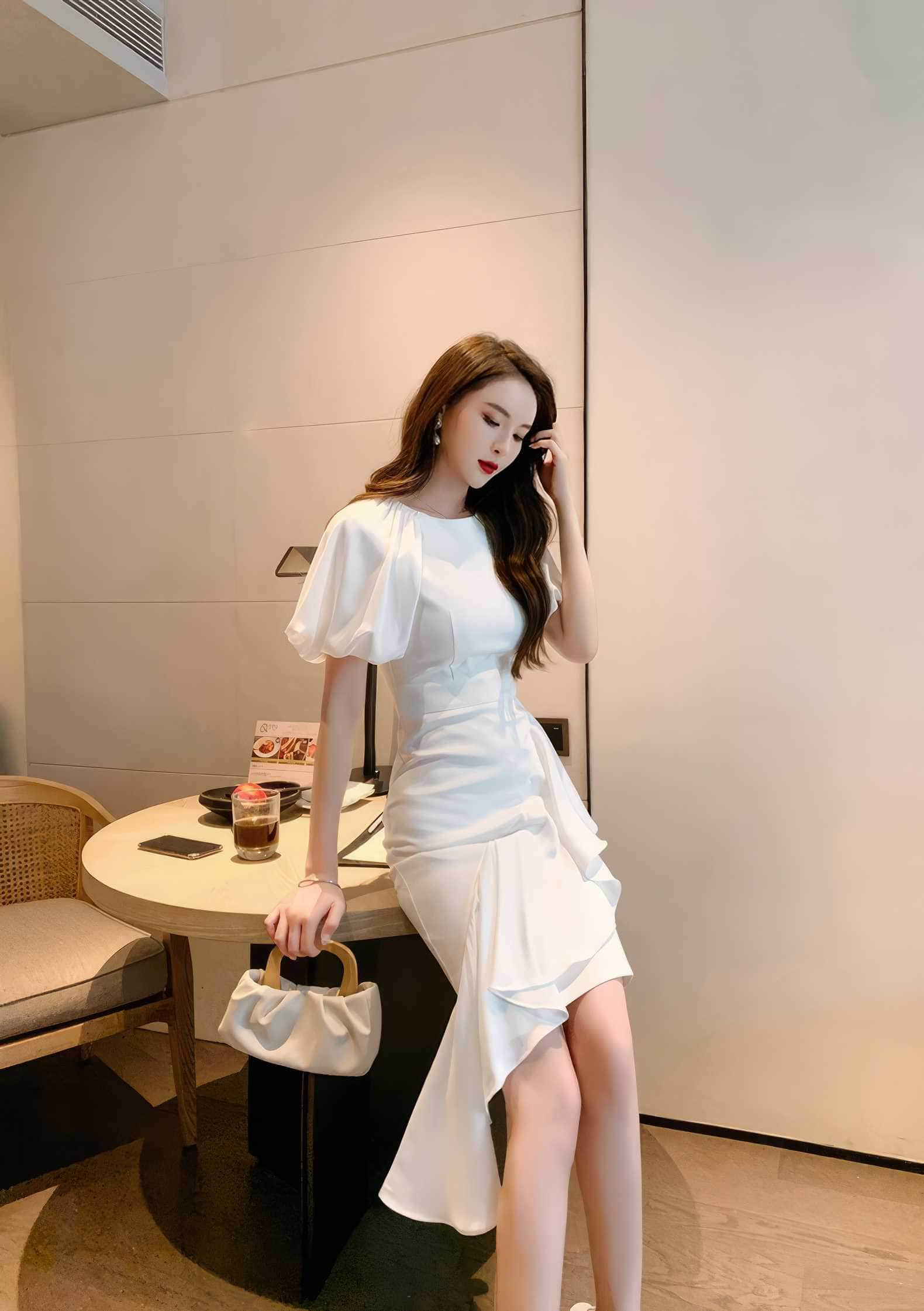 Exaggerated Puff Sleeves Asymmetrical Ruffle Dress