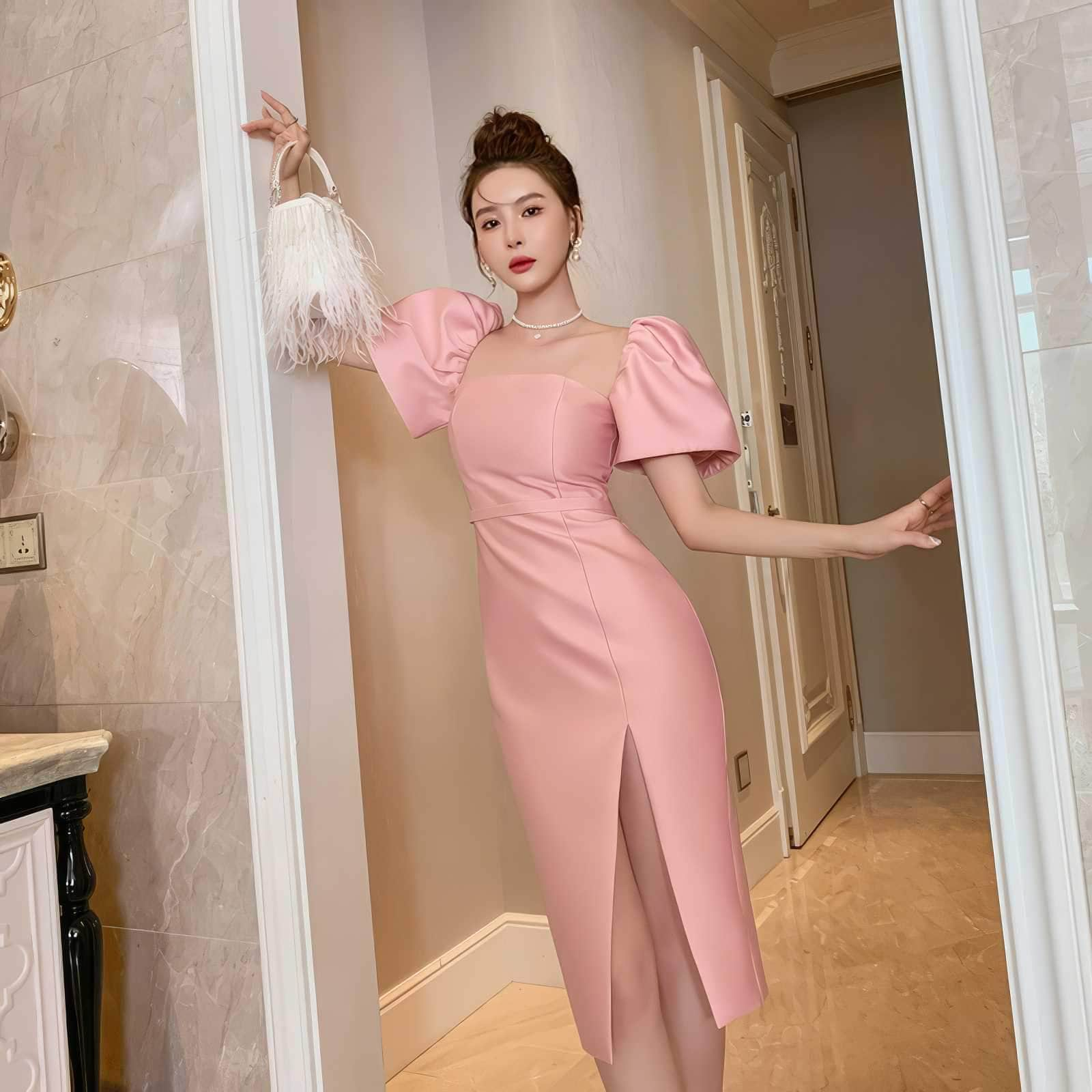 Exaggerated Puff Sleeves High Slit Dress