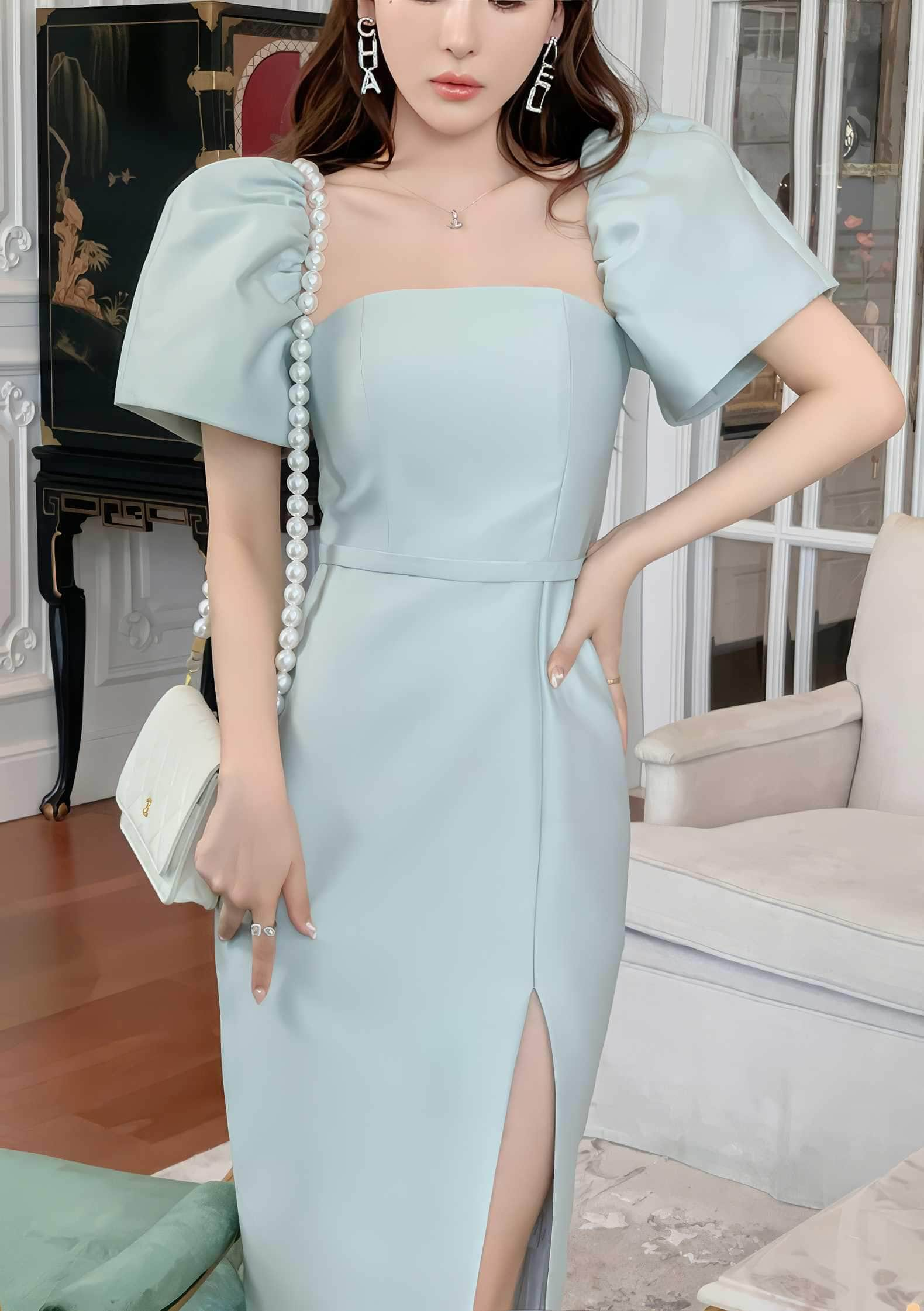 Exaggerated Puff Sleeves High Slit Dress